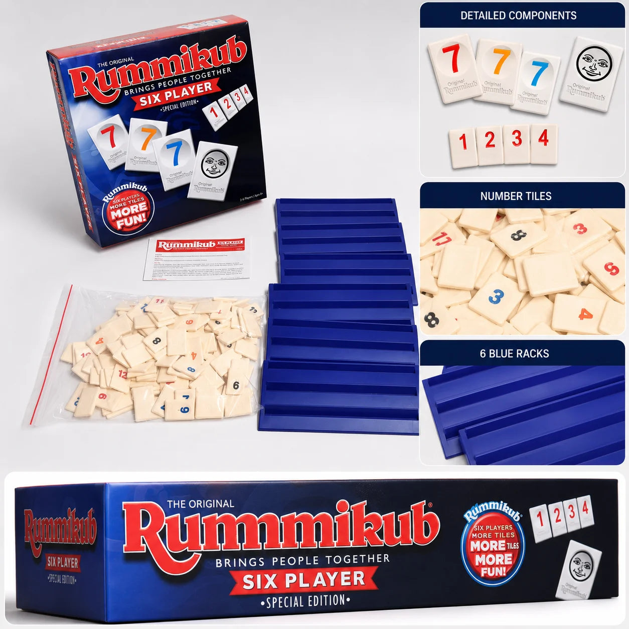 Rummikub Six Player Tile Strategy Board Game with Blue Racks Number Logic Family Party English Version