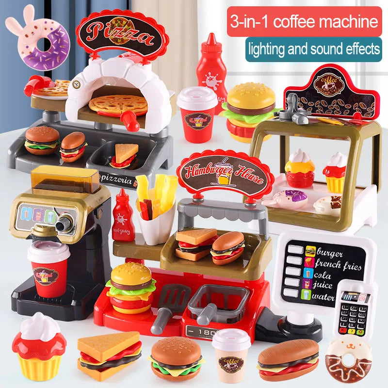 Kid Play House Game Kitchen Fast Food Restaurant Burger Fries Dessert Coffee Machine Cashier Set Mini Educational Role Play Toys