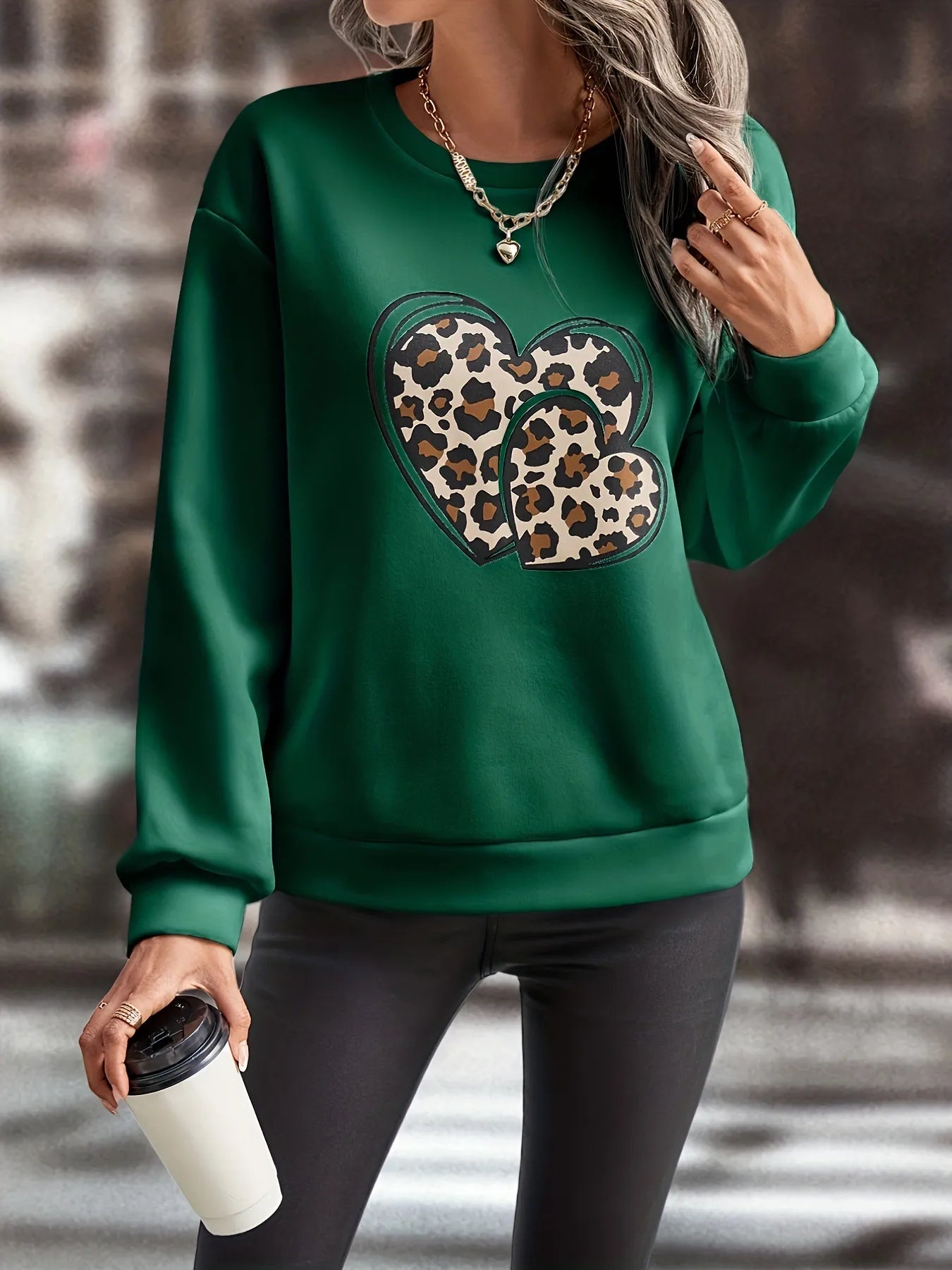 Women Trendy Casual Leopard Heart Graphic Print Streetwear Y2K Sweatshirts Female Autumn Fashion Loose Long Sleeve Pullover Tops