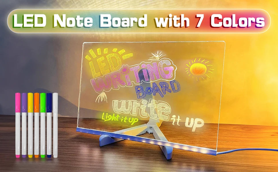 Note Board with Color Light Acrylic Message Board Led Drawing Board Illuminated Acrylic Notepad with Adjustable Stand and 7 Pens