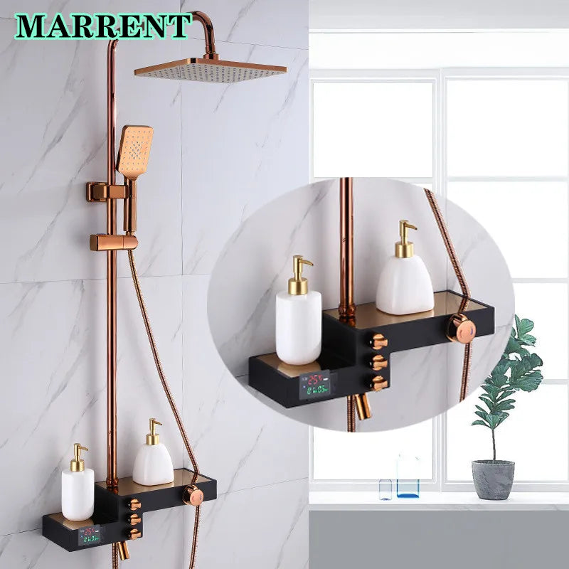 Hot Cold Digital Shower Set Rose Gold Bathroom Faucet 12 Inch Rainfall Shower Head Black Rose Gold Thermostatic Shower System