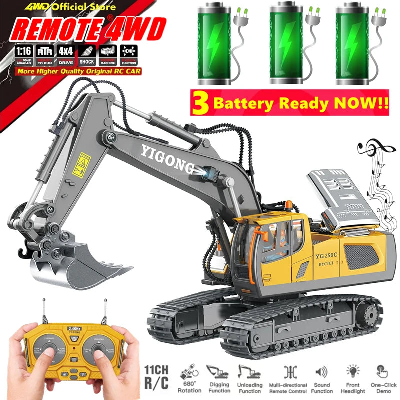 4WD Remote Control Excavator Dump Truck Crawler Bulldozer RC Model Car Toy Alloy Simulation Construction Vehicle Gifts for Kids