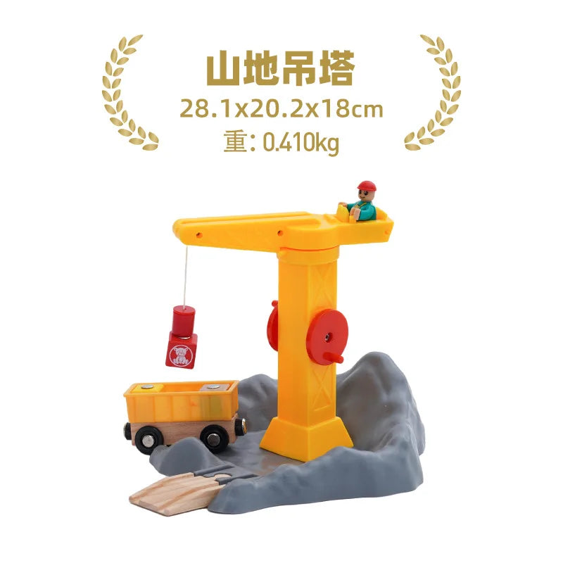 Wooden Train Tracks Railway Toys Set Parking lot apron fire station gas station rotary crane Overpass Model for Kids Toys Gifts