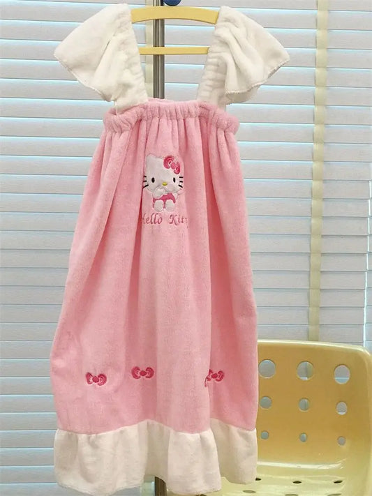 Sanrio Hello Kitty Bath Skirt Fluffy Embroid Nightgowns For Women Pjs Homwear Cartoon Loose Sleep Dress Sleeveless Sleep Tops