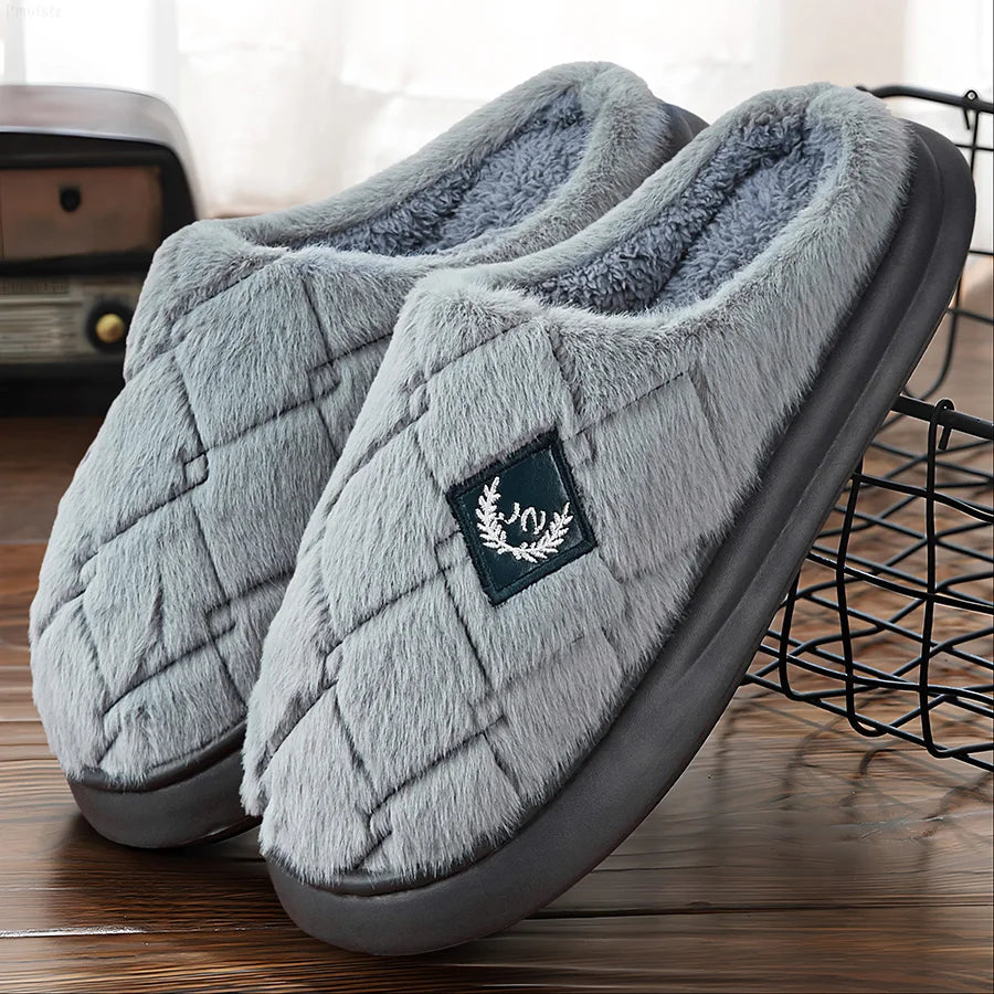 Platform Men Indoor Slippers Eva Plush Memory Foam Living room Shoes House Furry Winter Warm Soft Non-slip Plaid Slipper