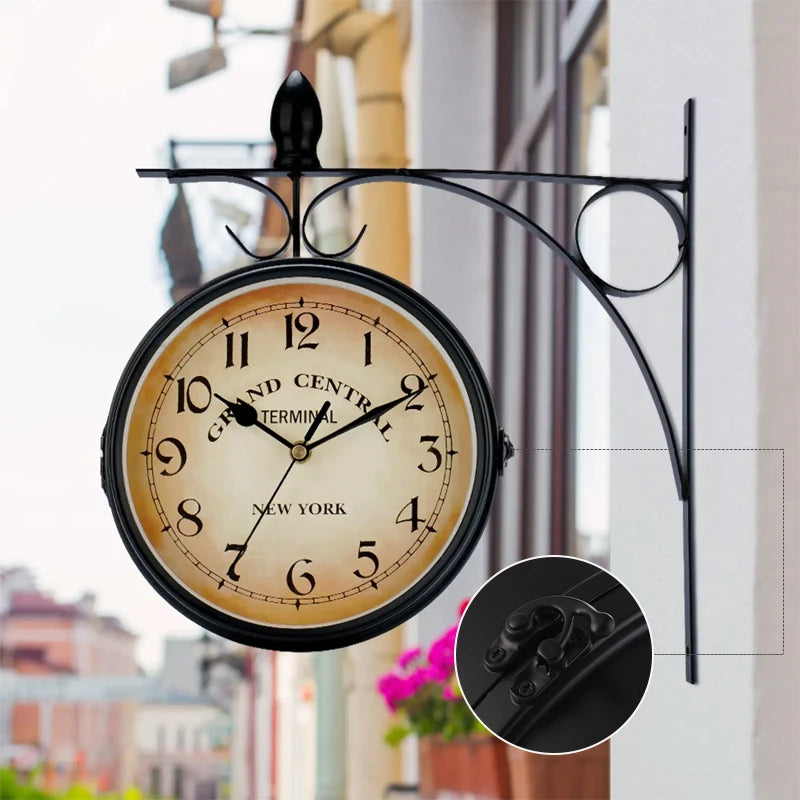 Double Sided Waterproof Wall Clock Retro Wrought Iron Metal Wall Clock Silent Indoor Outdoor Home Garden Wall Clock Decoration