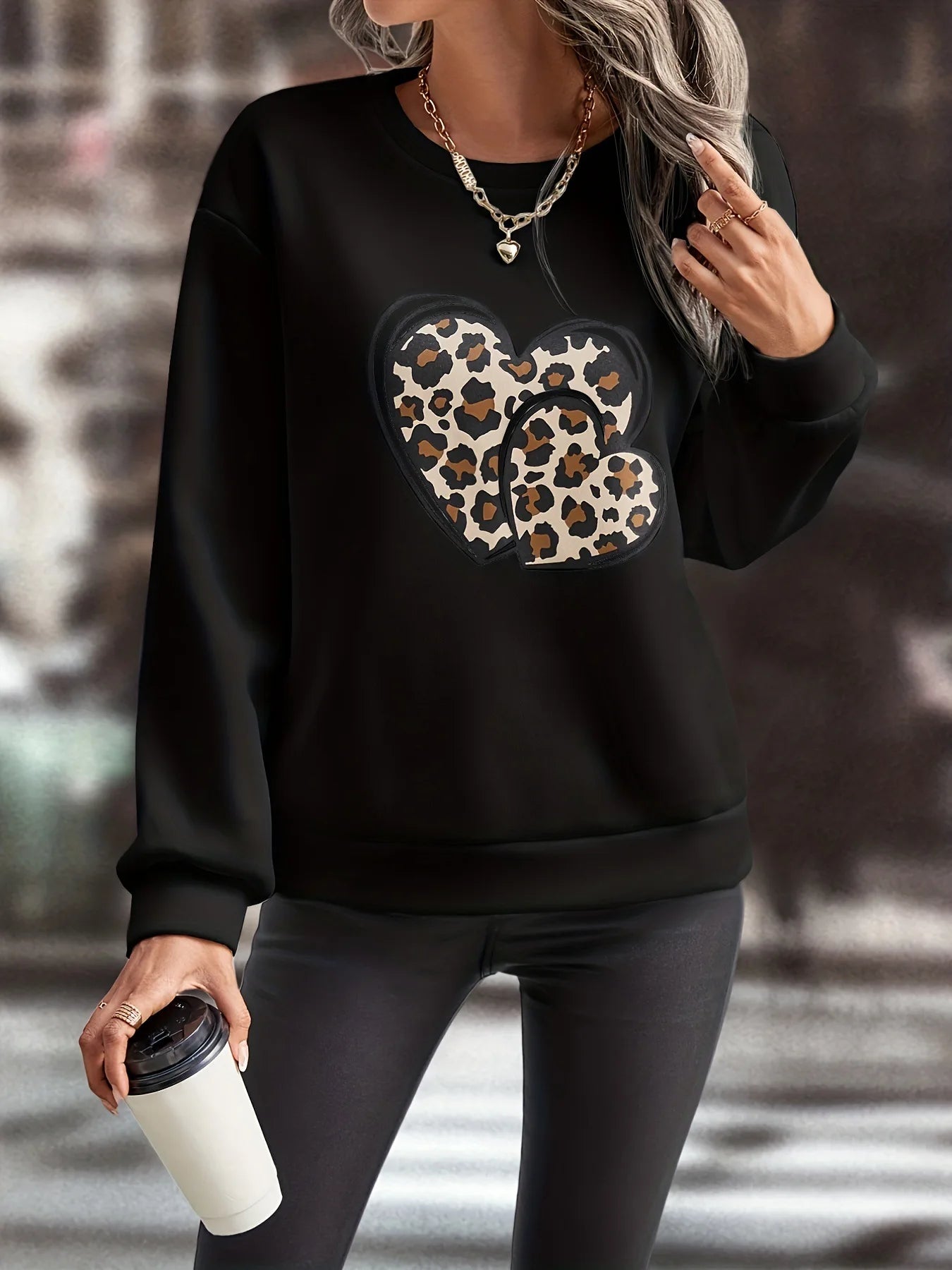 Women Trendy Casual Leopard Heart Graphic Print Streetwear Y2K Sweatshirts Female Autumn Fashion Loose Long Sleeve Pullover Tops