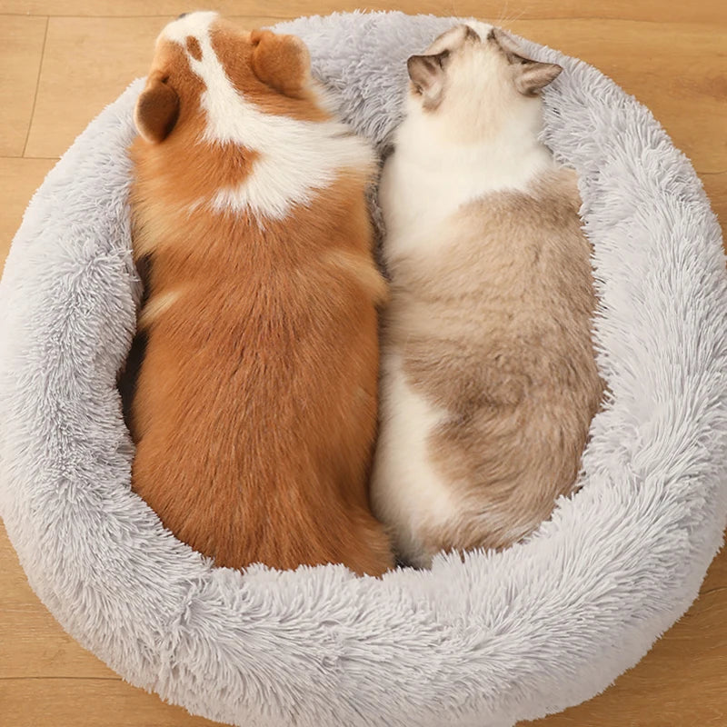 MADDEN Round Dog Bed Cat Pet Bed Super Soft Long Plush Winter Warm Puppy House Fluffy Pet Sleeping Basket Cushion Dog Supplies