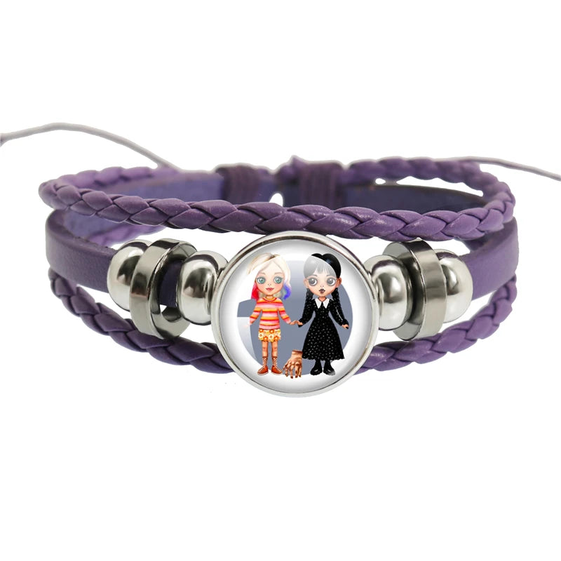 Movie Wednesday Purple Knit Snap Bracelet Glass Cabochon Diy Handmade Multi Layer Weaving Bangle Jewelry for Women Men Gift