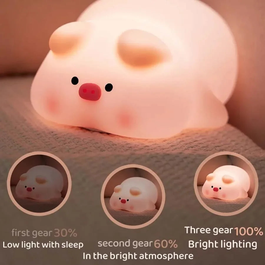 Piggy Bunny Night Light Led Table Lamp for Baby Nursery Room Decor Bedroom Bedside Rechargeable Dimmable Silicone Nightlight