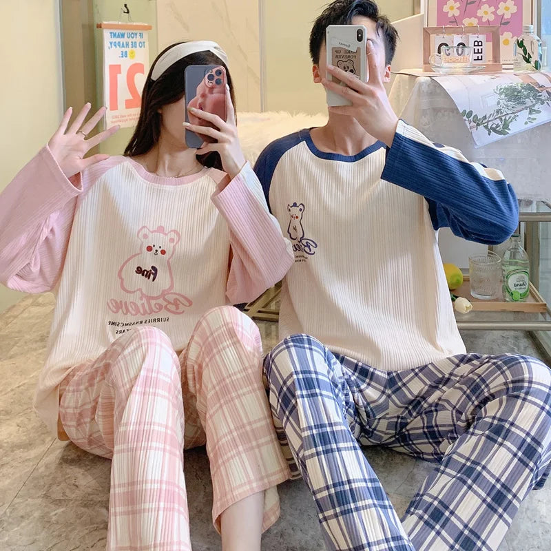 New Long Sleeve Sleepwear Couple Men and Women Matching Home Set Cotton Pjs Cartoon Prints Leisure Nightwear Pajamas for Spring