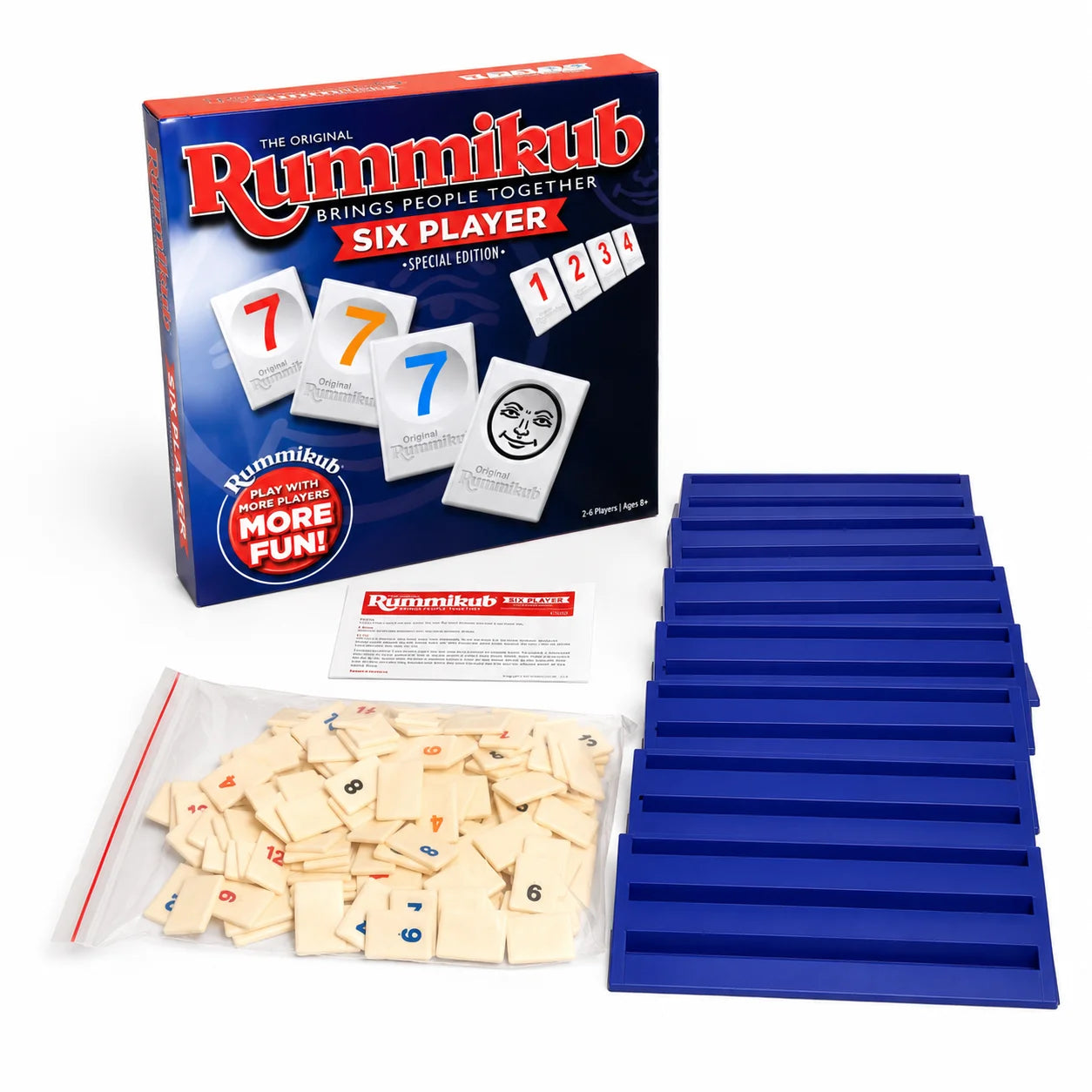 Rummikub Six Player Tile Strategy Board Game with Blue Racks Number Logic Family Party English Version