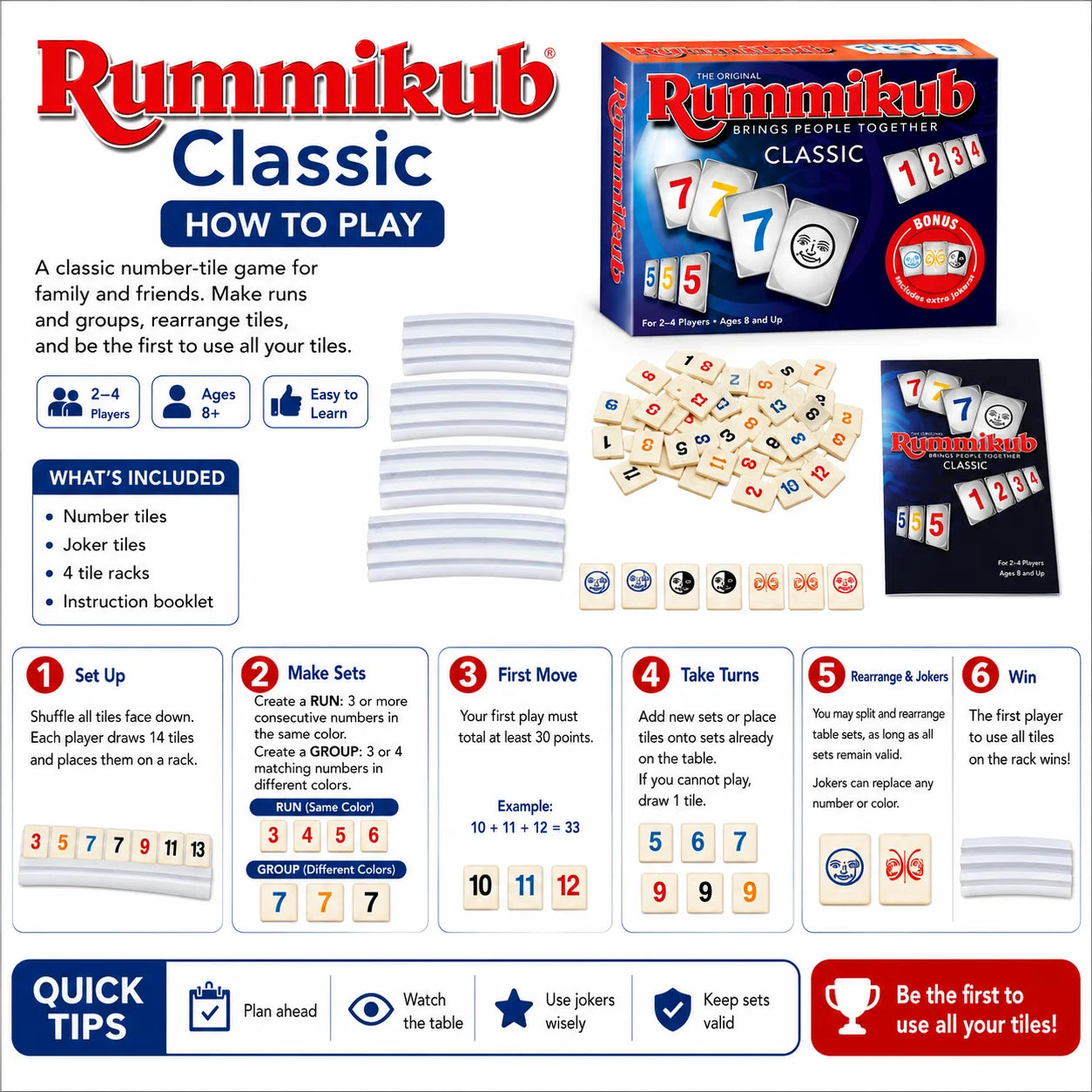Rummikub Classic Number Strategy Game - Complete Set with 4 Tile Racks - Family Board Game for Adults & Kids