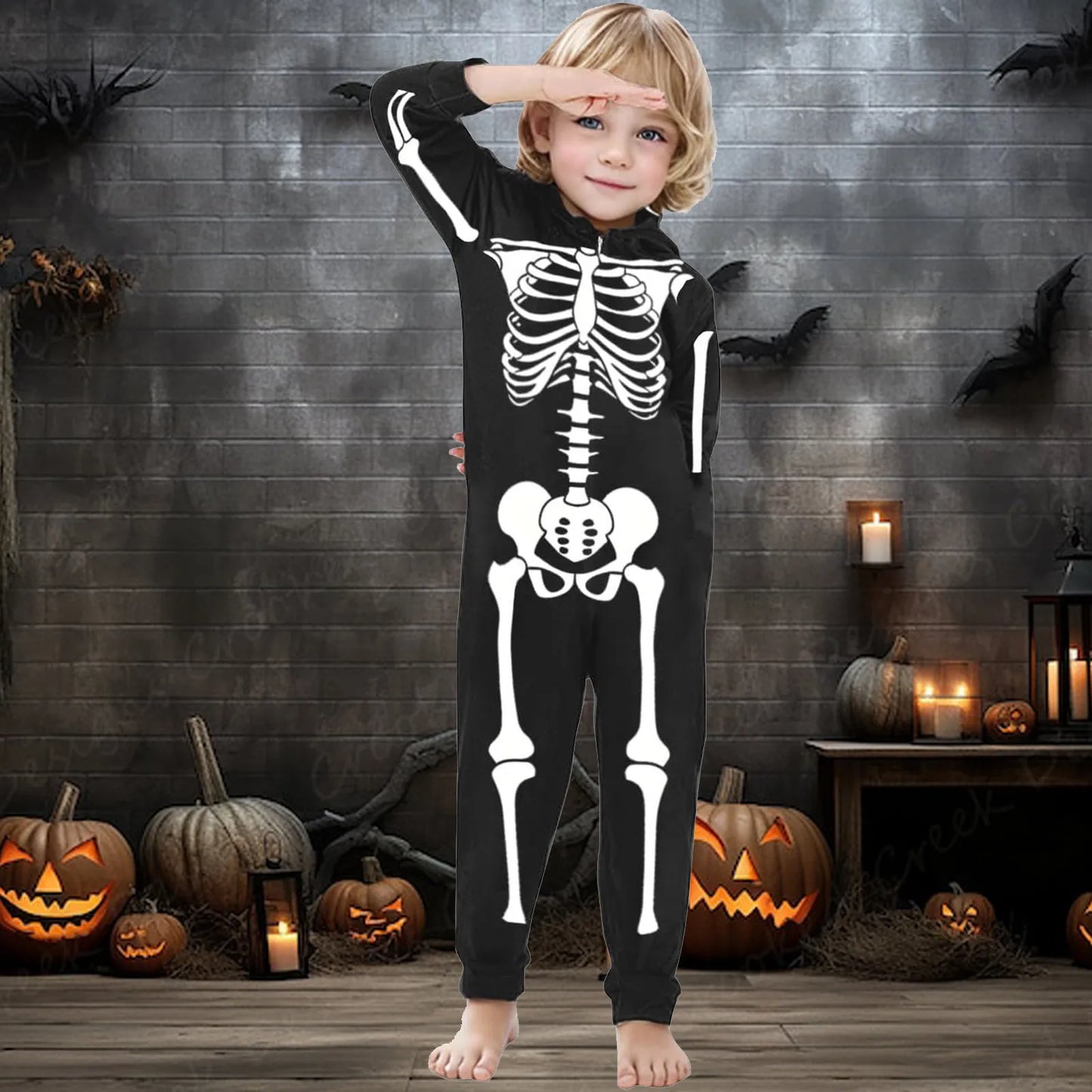 Family Halloween Pajamas Jumpsuit Parent Child Hooded Zipper Overalls White Skeleton Printed Home Matching Suits For The Family