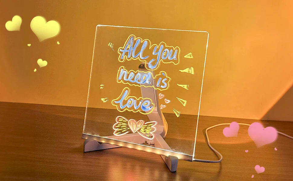 Note Board with Color Light Acrylic Message Board Led Drawing Board Illuminated Acrylic Notepad with Adjustable Stand and 7 Pens