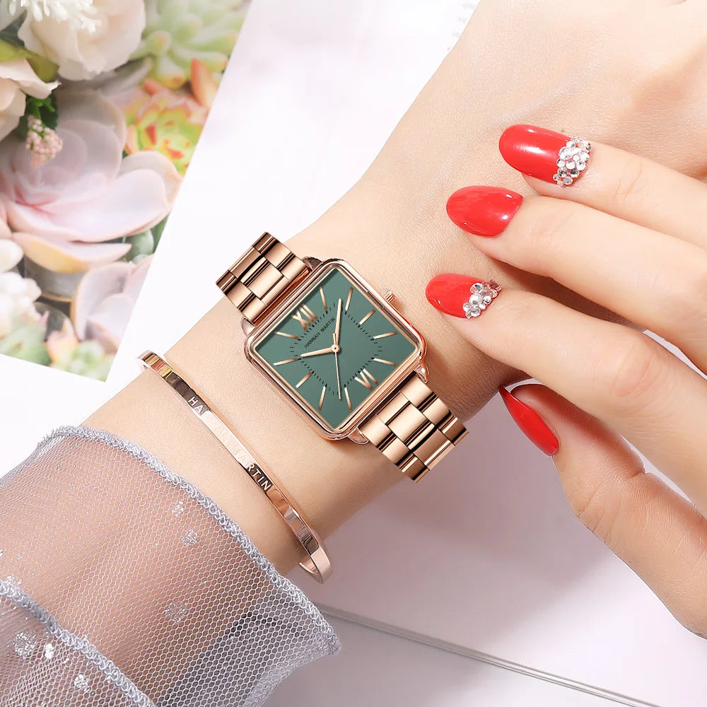 Japan Quartz Movement Green Dial Roman Square Watches Case Stanless Steel Fashion Wristwatch Ladies Rose Gold Watches For Women