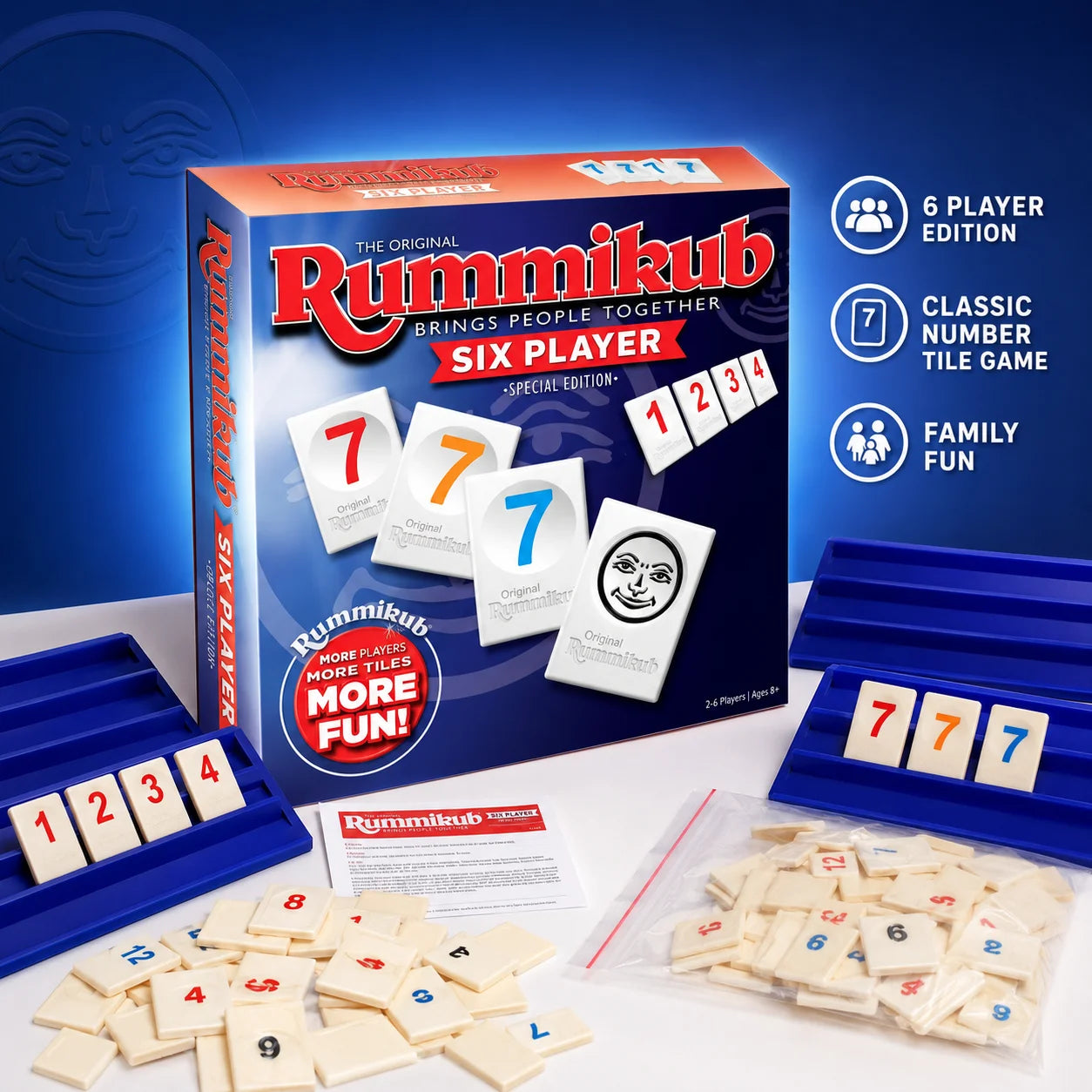 Rummikub Six Player Tile Strategy Board Game with Blue Racks Number Logic Family Party English Version