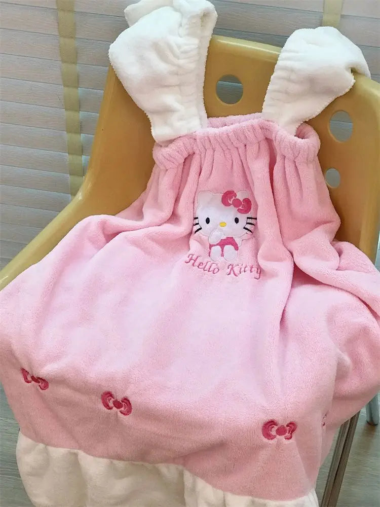 Sanrio Hello Kitty Bath Skirt Fluffy Embroid Nightgowns For Women Pjs Homwear Cartoon Loose Sleep Dress Sleeveless Sleep Tops