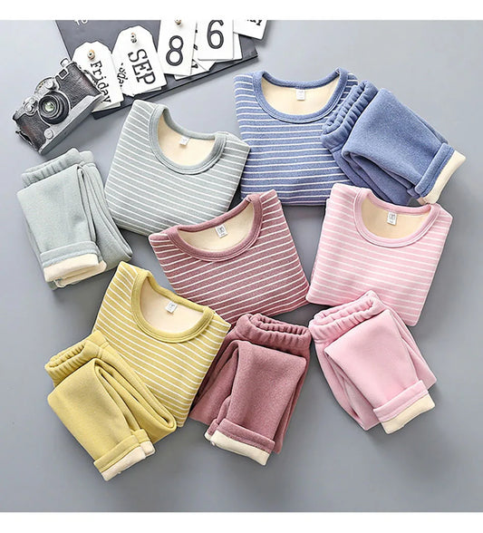 Extra Warm Plush Lined Children Striped Homewear Sleepwear Autumn and Winter Pajama Sets Suitable Kids Comfortable and Style