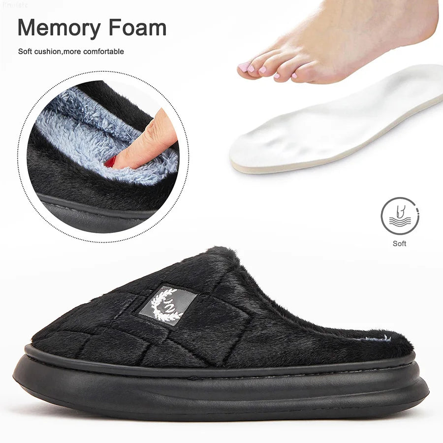 Platform Men Indoor Slippers Eva Plush Memory Foam Living room Shoes House Furry Winter Warm Soft Non-slip Plaid Slipper