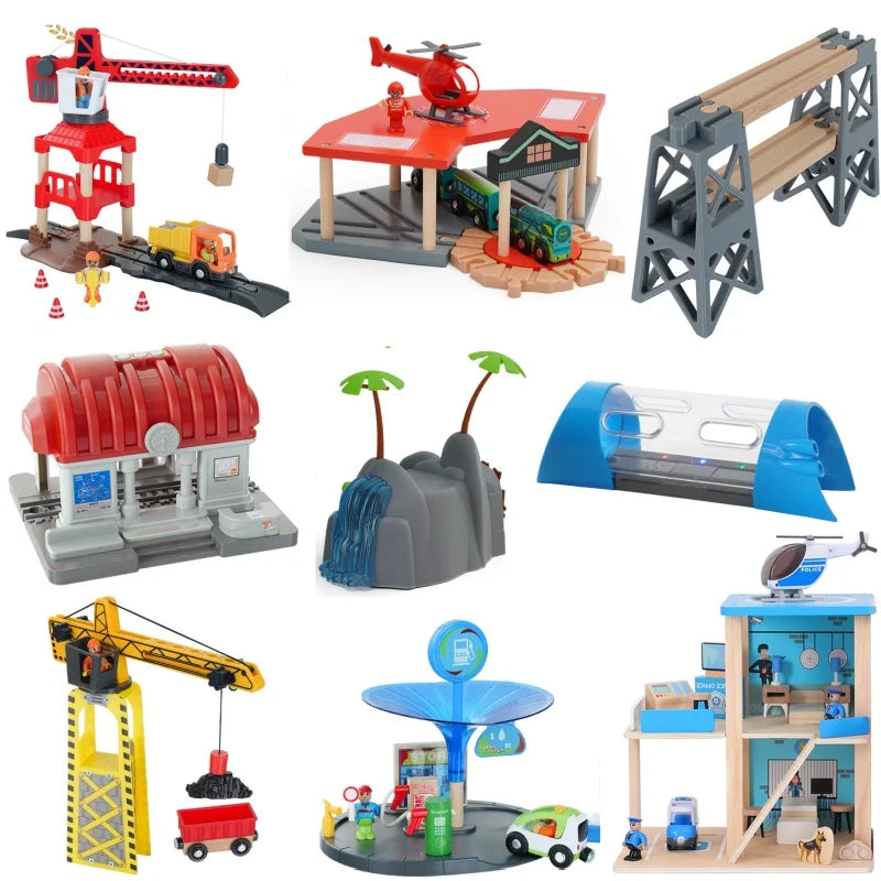 Wooden Train Tracks Railway Toys Set Parking lot apron fire station gas station rotary crane Overpass Model for Kids Toys Gifts