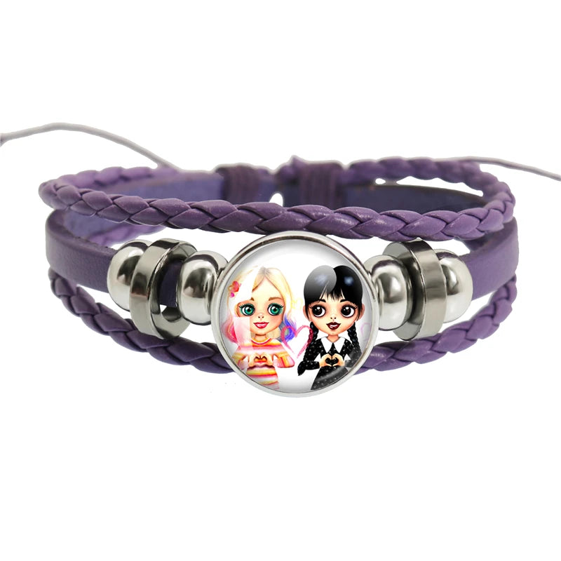 Movie Wednesday Purple Knit Snap Bracelet Glass Cabochon Diy Handmade Multi Layer Weaving Bangle Jewelry for Women Men Gift