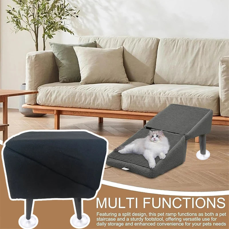 2-in-1 Convertible Wooden Home Step Stool Dog Ramp Stairs With Anti-slip Panels And Suction Cups