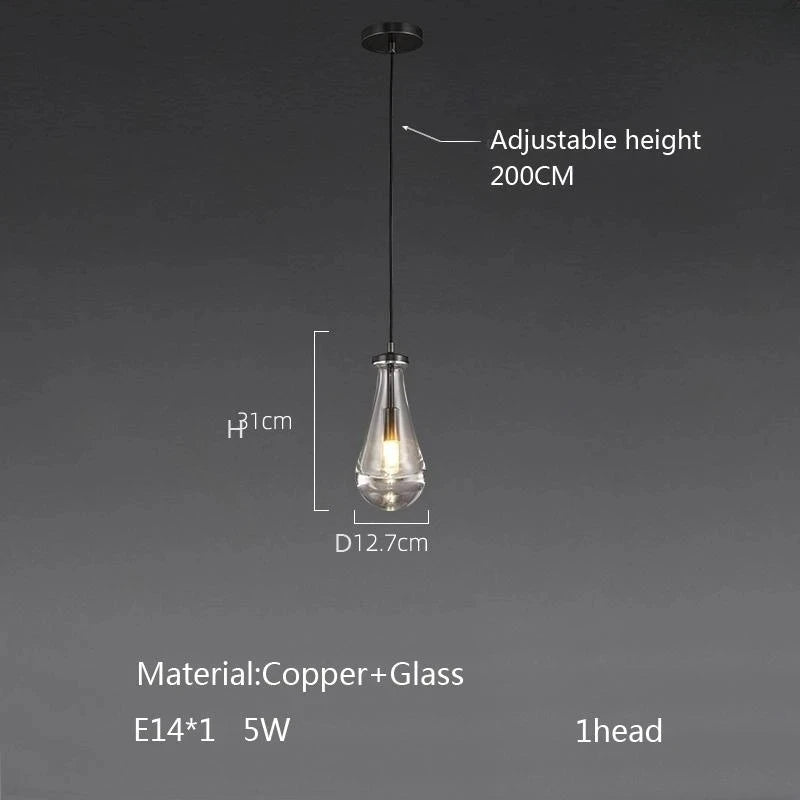 New Copper LED Pendant Light, Modern Lobby Waterdrop Glass Light, Home Decoration, Hotel Villa Glossy Staircase Ceiling  Lamps