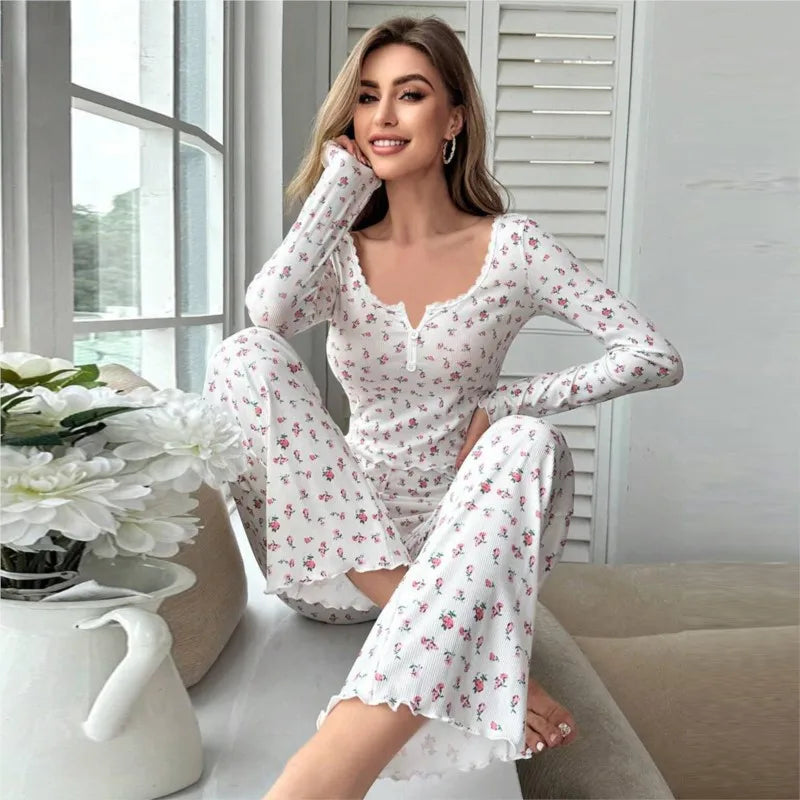 Women Floral Print Pajama Sets Long Sleeve Top +Pants Lovely Loungewear Set Female Home Clothes Elastic Waistband Nightwear Suit