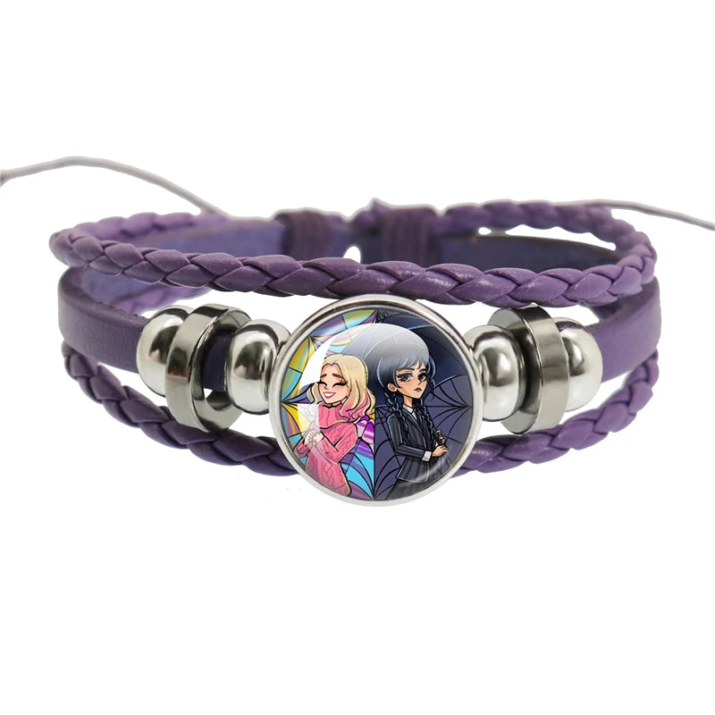 Movie Wednesday Purple Knit Snap Bracelet Glass Cabochon Diy Handmade Multi Layer Weaving Bangle Jewelry for Women Men Gift