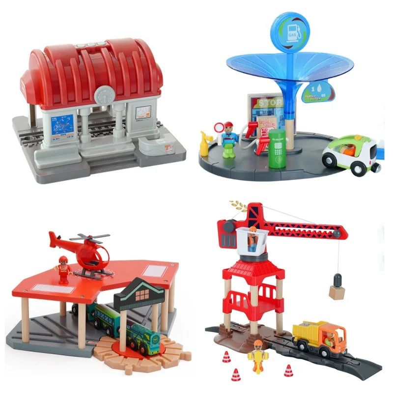 Wooden Train Tracks Railway Toys Set Parking lot apron fire station gas station rotary crane Overpass Model for Kids Toys Gifts