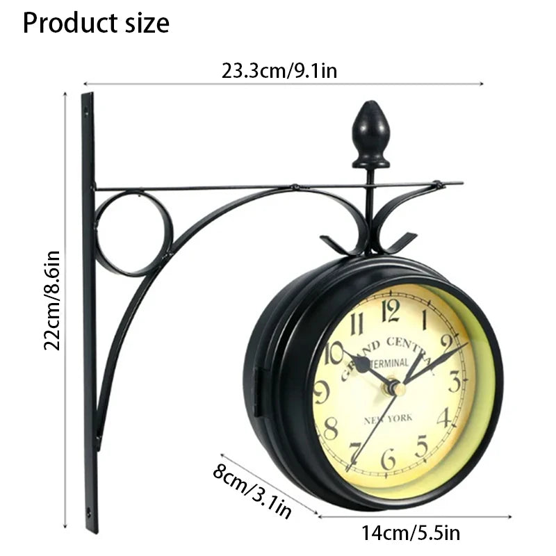 Double Sided Waterproof Wall Clock Retro Wrought Iron Metal Wall Clock Silent Indoor Outdoor Home Garden Wall Clock Decoration