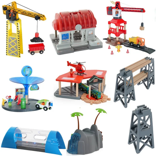 Wooden Train Tracks Railway Toys Set Parking lot apron fire station gas station rotary crane Overpass Model for Kids Toys Gifts