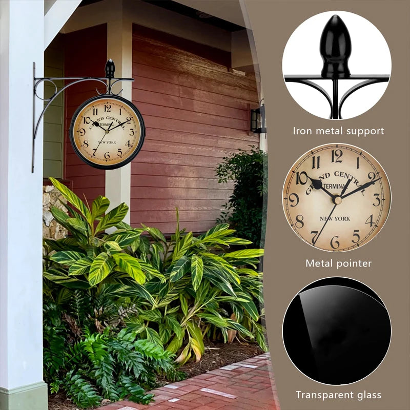 Double Sided Waterproof Wall Clock Retro Wrought Iron Metal Wall Clock Silent Indoor Outdoor Home Garden Wall Clock Decoration