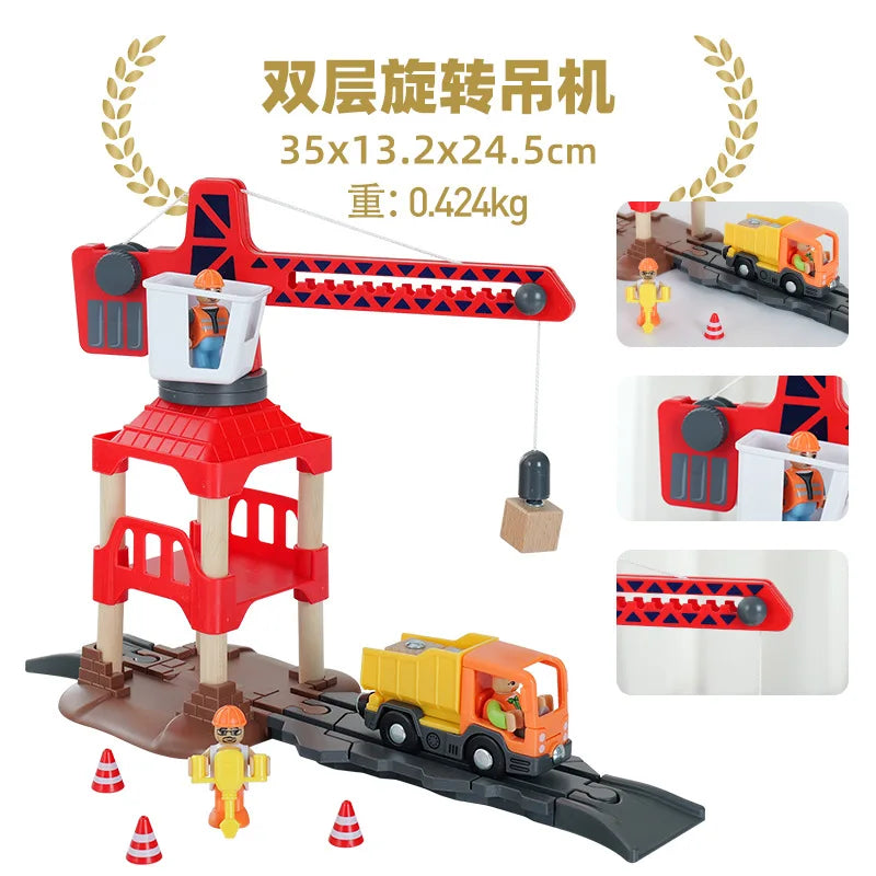 Wooden Train Tracks Railway Toys Set Parking lot apron fire station gas station rotary crane Overpass Model for Kids Toys Gifts