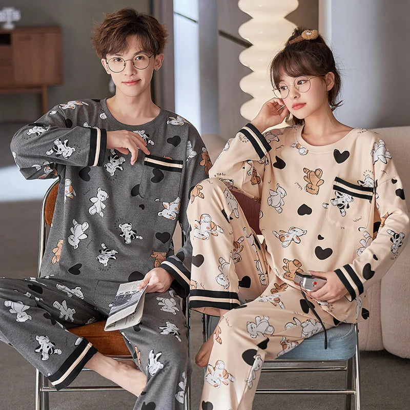 New Long Sleeve Sleepwear Couple Men and Women Matching Home Set Cotton Pjs Cartoon Prints Leisure Nightwear Pajamas for Spring