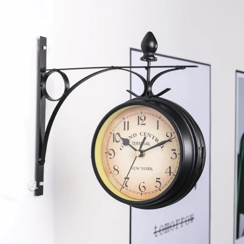 Double Sided Waterproof Wall Clock Retro Wrought Iron Metal Wall Clock Silent Indoor Outdoor Home Garden Wall Clock Decoration