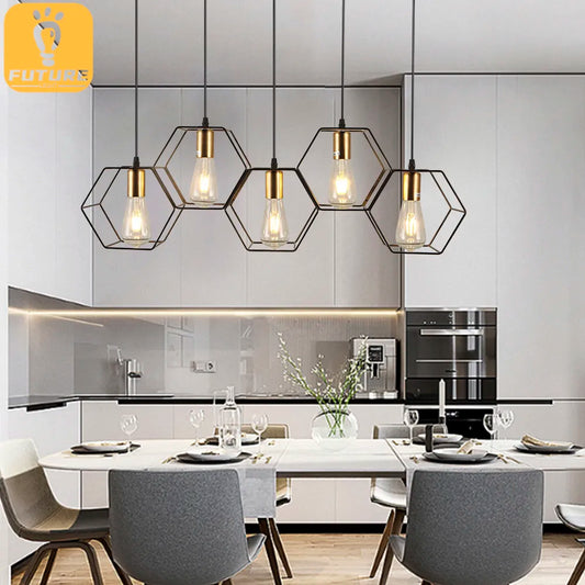 Modern LED Chandelier Hanging E27 Lamp Geometric Metal Frame Lamp Suitable For Creative Light Above the Table Bedroom