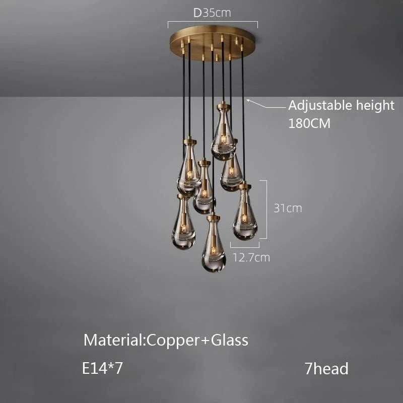 New Copper LED Pendant Light, Modern Lobby Waterdrop Glass Light, Home Decoration, Hotel Villa Glossy Staircase Ceiling  Lamps