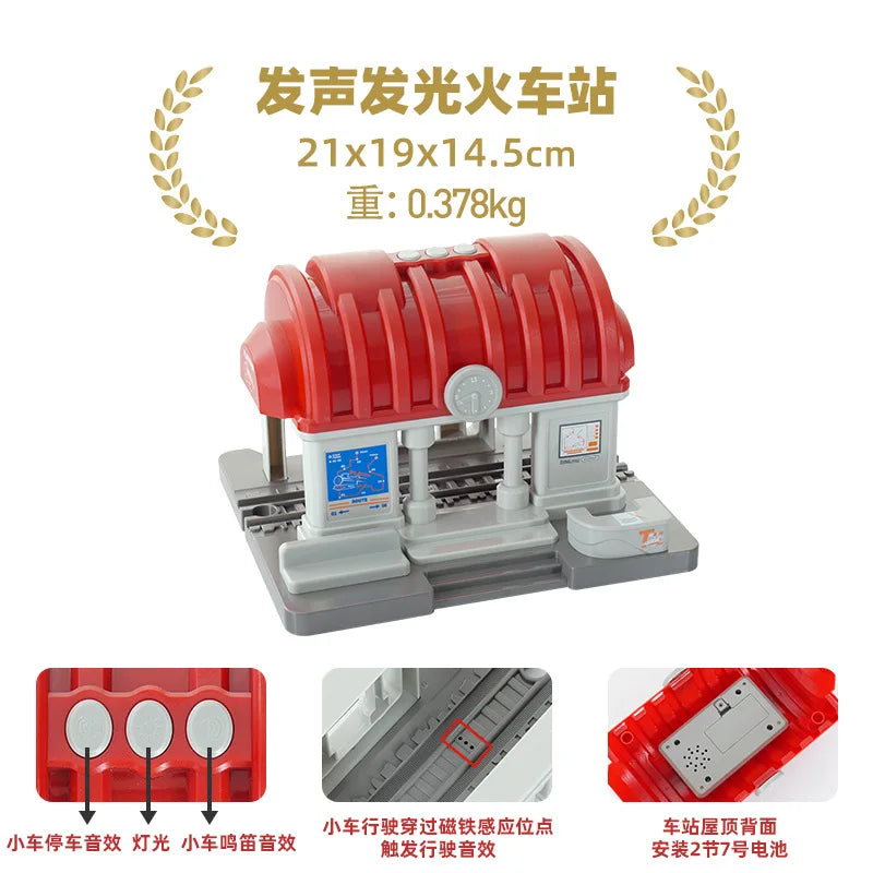 Wooden Train Tracks Railway Toys Set Parking lot apron fire station gas station rotary crane Overpass Model for Kids Toys Gifts