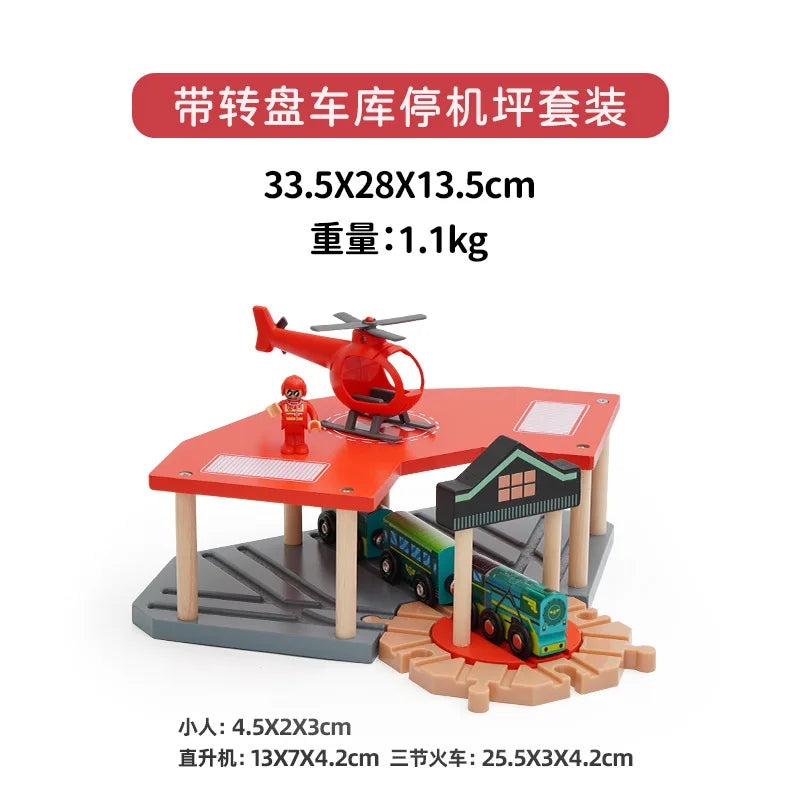 Wooden Train Tracks Railway Toys Set Parking lot apron fire station gas station rotary crane Overpass Model for Kids Toys Gifts