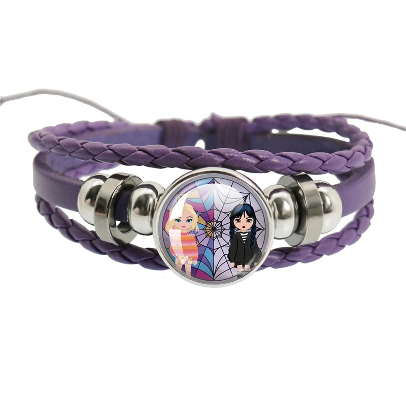 Movie Wednesday Purple Knit Snap Bracelet Glass Cabochon Diy Handmade Multi Layer Weaving Bangle Jewelry for Women Men Gift