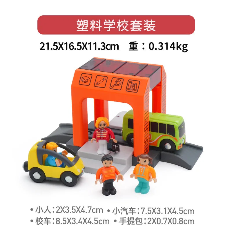 Wooden Train Tracks Railway Toys Set Parking lot apron fire station gas station rotary crane Overpass Model for Kids Toys Gifts