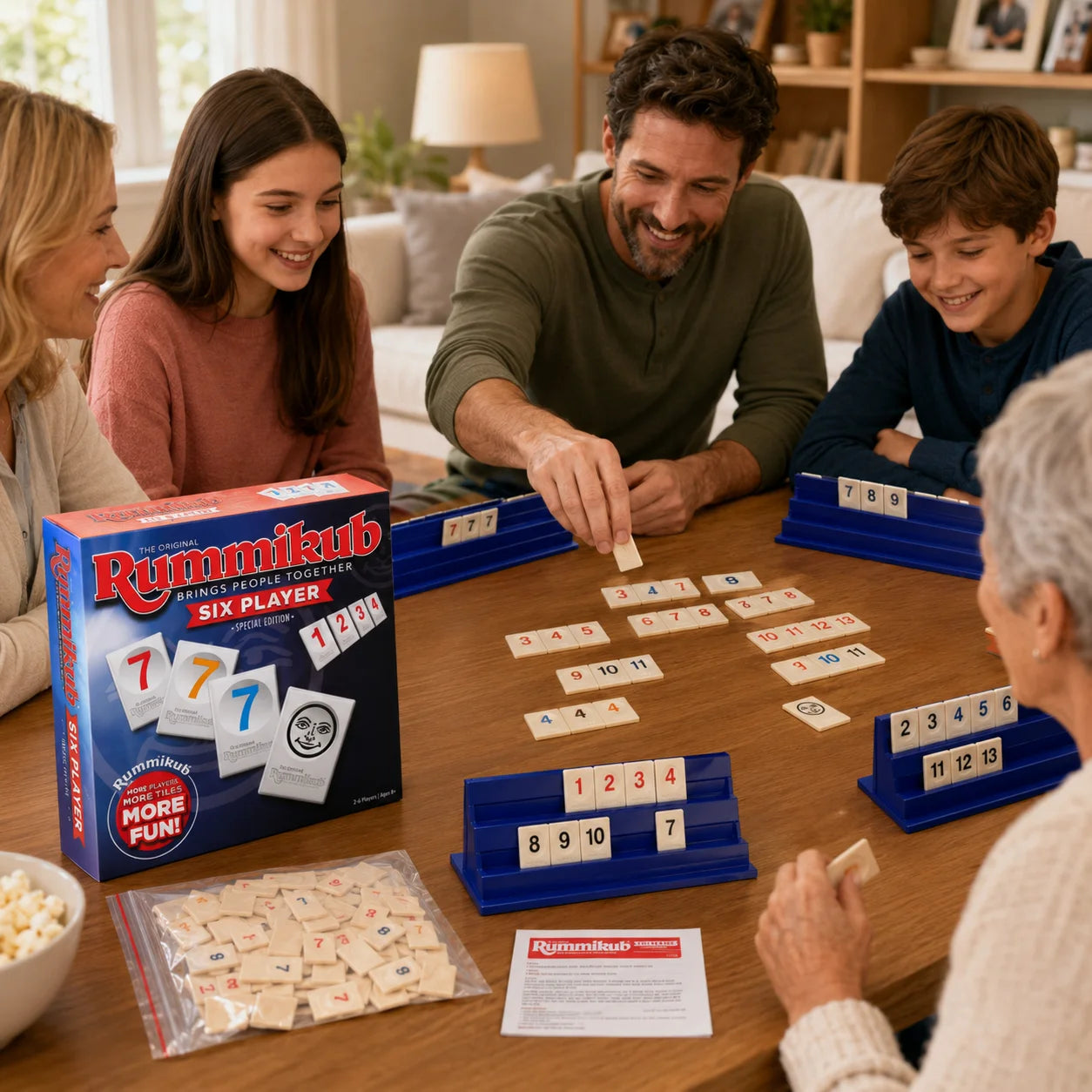 Rummikub Six Player Tile Strategy Board Game with Blue Racks Number Logic Family Party English Version