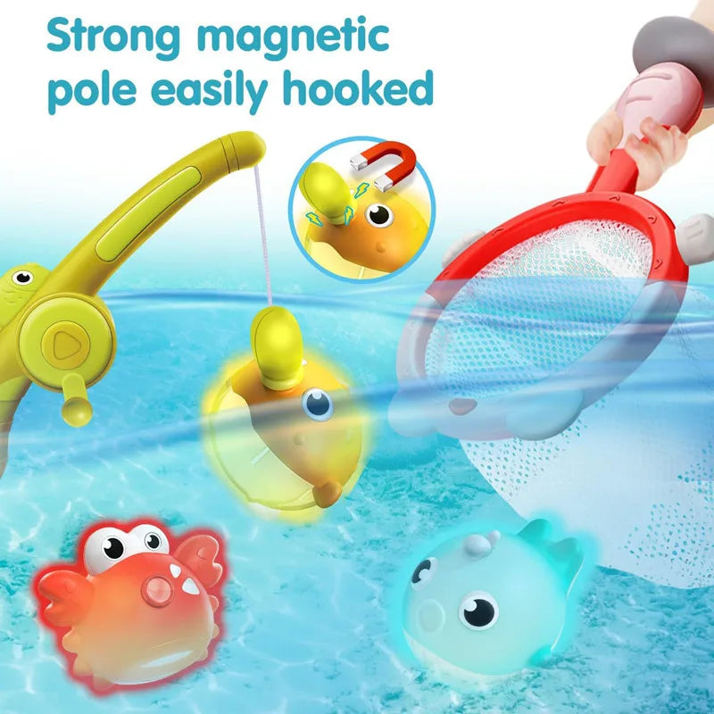 Magnetic LED Light Up Fishing Games Baby Bath Toys Set with Fishing Rod Toddler Bathtub Floating Water Toys for Kids Gift