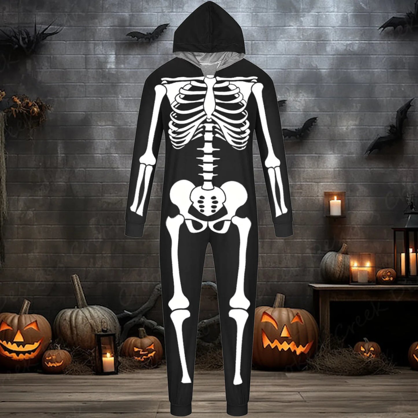 Family Halloween Pajamas Jumpsuit Parent Child Hooded Zipper Overalls White Skeleton Printed Home Matching Suits For The Family