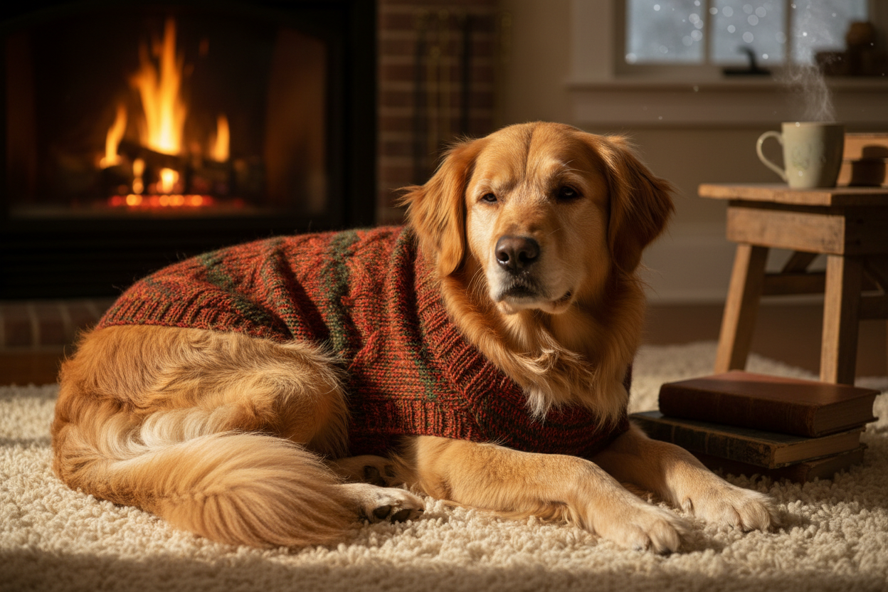 of a large dog wearing that sweater i just made