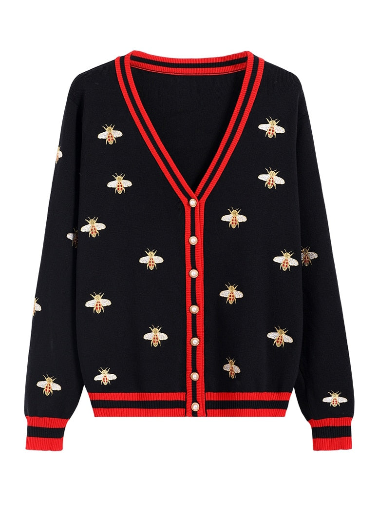 Designer Bee Embroidery Cardigan 
-Long Sleeve 
-Single Button 
-Knitted