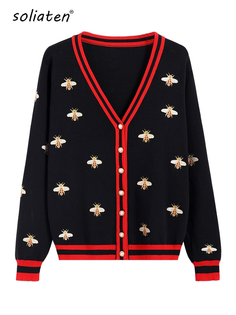 Designer Bee Embroidery Cardigan 
-Long Sleeve 
-Single Button 
-Knitted