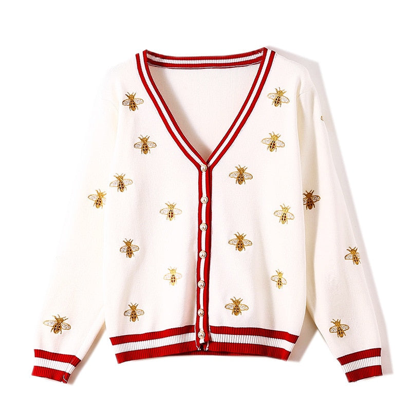 Designer Bee Embroidery Cardigan 
-Long Sleeve 
-Single Button 
-Knitted